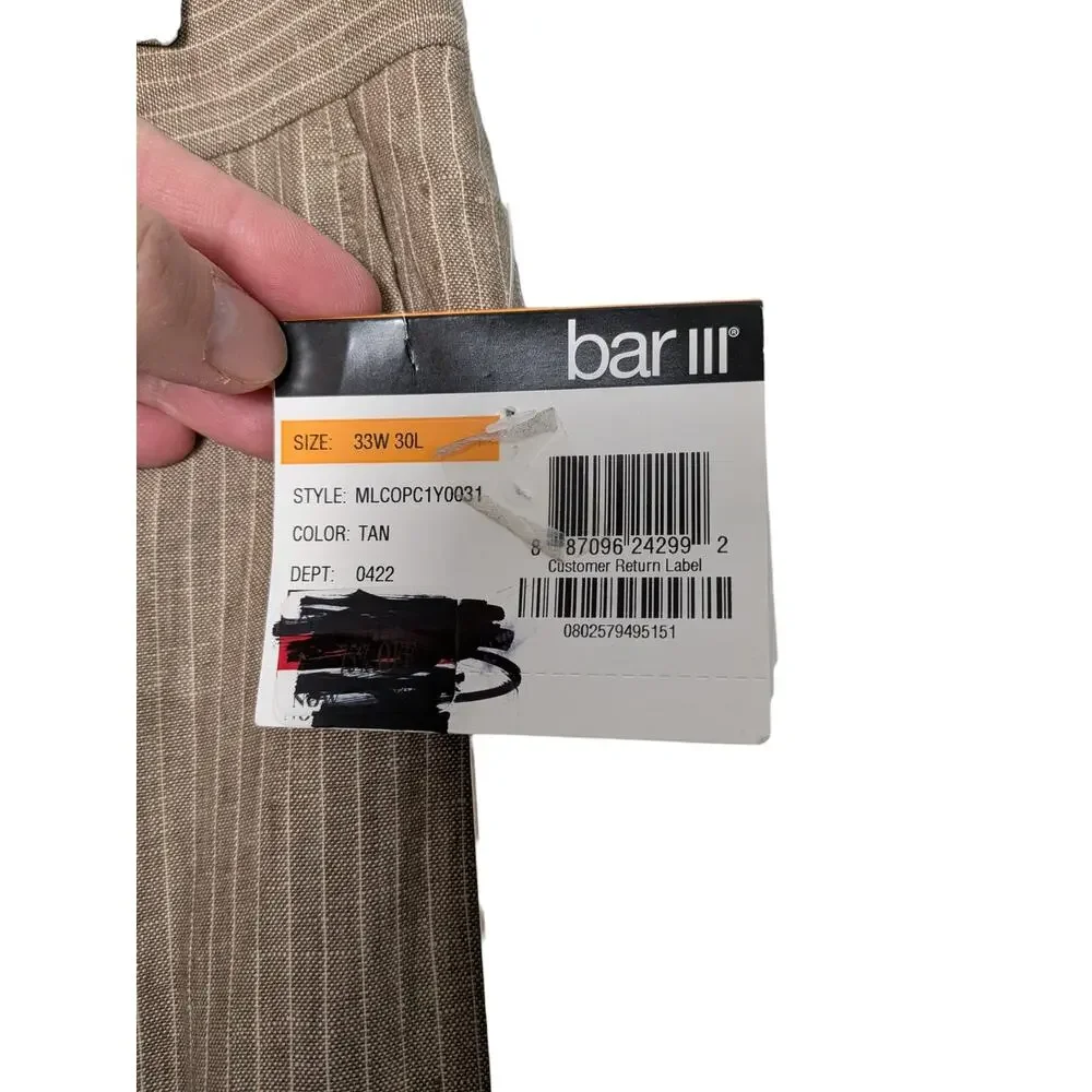 NWT Bar III Men's Sz 32 x 30 Tan Stripe 100% Linen Slacks Dress Pants Flat Front